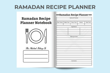 Ramadan special recipe planner and food tracker interior vector. Recipe notebook template design for Muslim festival. Ramadan special menu planner journal. Log book interior vector.