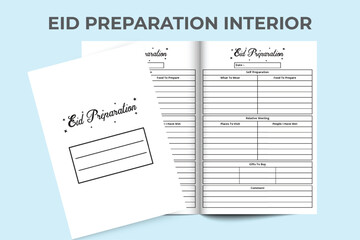 Eid preparation log book interior design with calligraphy. Eid al fitr activity and routine planner diary interior. Notebook interior vector. Eid day meal and dress planner checklist interior.