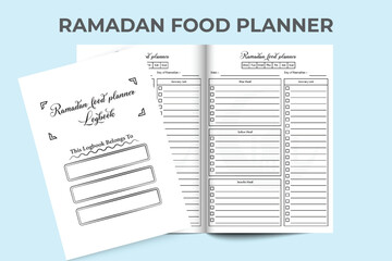Fototapeta premium Muslim festival Ramadan food planner interior log book. Daily iftar, suhoor, and snacks tracker diary interior. Ramadan daily meal planner notebook interior. Journal template interior.