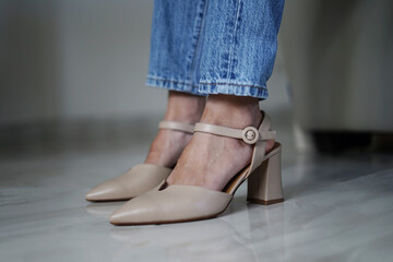 Elegant leather woman shoe a style footwear concept