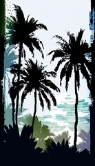 AI-generated illustration: watercolor landscape of palm trees in a tropical setting. Inspired by contributor's own photography. MidJourney.