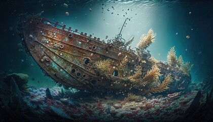 Fototapeta na wymiar a mesmerizing underwater photograph of a shipwreck in a ship graveyard generative ai