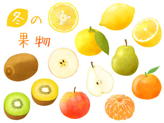 冬の果物6種(りんご、みかん、レモン、キウイ、柚子、ラフランス)のセット2