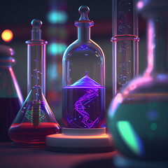 Various liquids in scientific tubes in a laboratory environment.