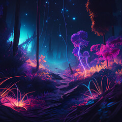 Colorful bioluminescence plants in forest, crystals and glowing path,