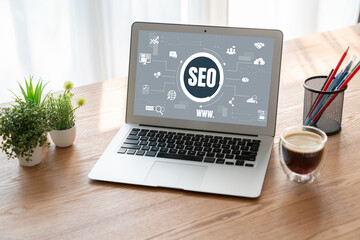 SEO search engine optimization for modish e-commerce and online retail business showing on computer...