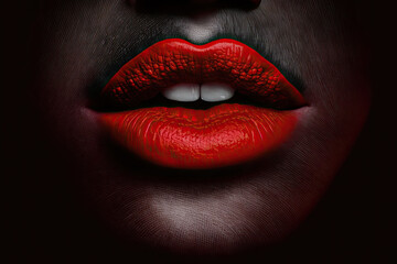 Lush and pouty red lips of a woman as a kiss with the bottom of her face on a black background. AI generative illustration.