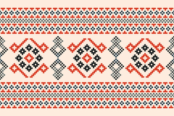Ethnic geometric fabric pattern Cross Stitch.Ikat embroidery Ethnic oriental Pixel pattern brown cream background. Abstract,vector,illustration.For texture,clothing,wrapping,decoration,carpet.