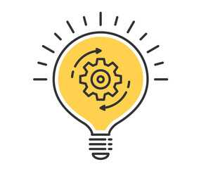 Idea or innovation icon, lightbulb with gear and circle arrows inside