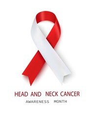 Poster for informing about head and neck cancer with a white-red ribbon on a white background. Medical concept. Vector illustration.