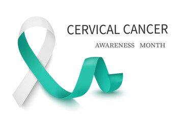 Banner about cervical cancer, a postcard, a poster with a white and turquoise ribbon on a white background. The symbol of the month of cervical cancer awareness. The concept of the World Cervical