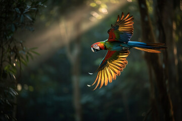 Linda Arara voando na floresta tropical criado por IA - obrazy, fototapety, plakaty