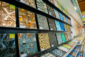 Colorful samples of a ceramic tile at the showroom of a large store.