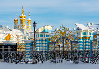 Resurrection church dome of Catherine palace in winter, Tsarskoe Selo (Pushkin), Saint Petersburg,...