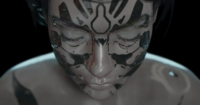AI machine learning conceptual design, a female robot cyborg face, woke up, open digital eyes, intricate details that suggest a high level of technology, seamless loop, transparent background
