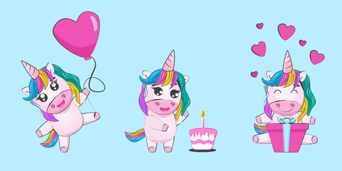 A sticker set of birthday happy unicorns, with balloon heart, birthday cake. Vector illustration for birthday. Isolated on light blue background
