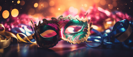 Carnival Party Venetian Masks On rainbow Glitter With Shiny Streamers On Abstract Defocused Bokeh Lights