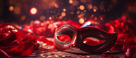 Carnival Party Venetian Masks On Red Glitter With Shiny Streamers On Abstract Defocused Bokeh Lights