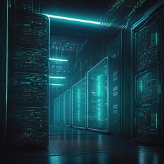 Cloud storage big data centre for storing backup files and security at a network database room.Generated AI