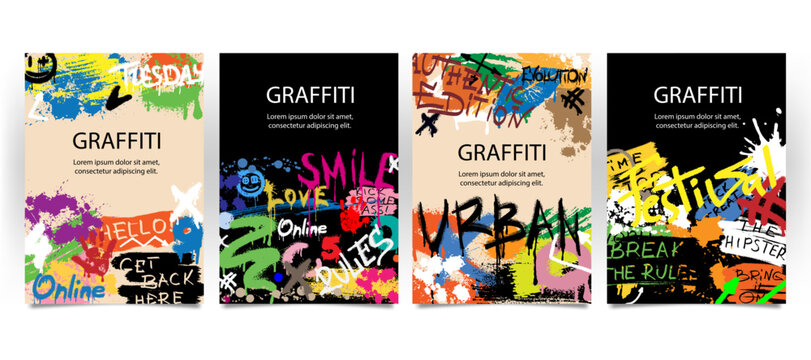 Graffiti poster set. Street art with inscriptions, paint blots and space for text.