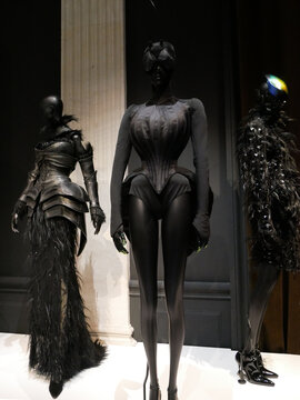 Thierry Mugler, fashion designer. 3 haute couture creations from the "Insect" series- 1997.