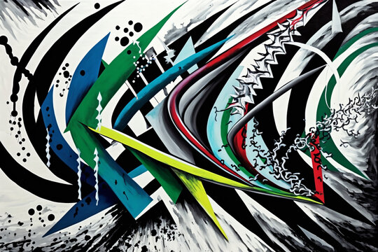 Abstract Painting Of A Chaotic And Asymmetric Arrangement Of Overlapping Straight Graphic Directional Arrows Of Various Sizes All Pointing In Different Directions, Generative IA