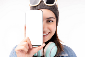 Portrait photo young beautiful Asian woman face Happy pretty girl holding smart phone for showing product on white screen isolated on white use for Advertising Product Shopping Travel or Technology