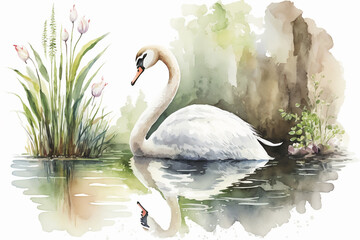 Watercolor painting of a peaceful white swan swimming in the water. Beautiful artistic animal portrait for poster, wallpaper, art print. Made with generative AI.