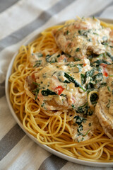 Homemade Creamy Tuscan Chicken with Spinach and Spaghetti Pasta, side view. Close-up.