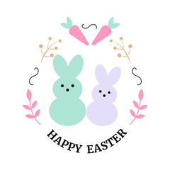 Happy Easter celrbration quote with bunnys. Pastel colors, flat design. Vector