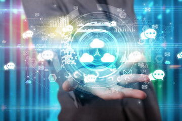 Businessman holding technology icon concept