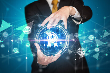 Businessman holdig business icons concept