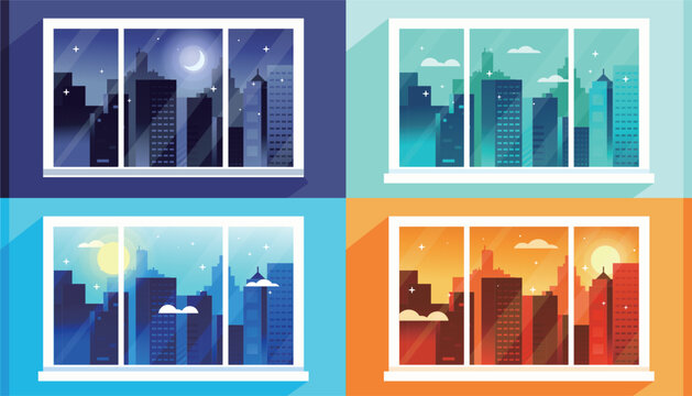 Window View For One Day . Day Time, Morning Evening Night Downtown. City Vector Illustration