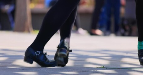 Close up slow motion shot of the shoes of Irish dance in Myriad Botanical Gardens at Oklahoma