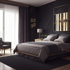 Image of a luxurious bedroom. Has an interesting decoration and a great setting out. Equipped with a queen size bed. Morning sunlight enters the room through the large windows.