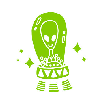 green alien spaceship illustration on white background