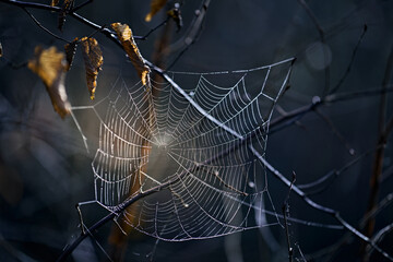 Ein Spinnennetz mit Tautropfen, aufgespannt zwischen dürren Zweigen.