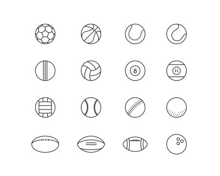 Sports Balls Icon collection containing 16 editable stroke icons. Perfect for logos, stats and infographics. Change the thickness of the line in Adobe Illustrator (or any vector capable app).