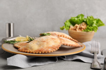 Plate with baked meat empanadas on grunge background