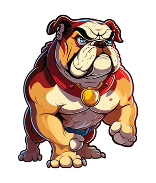 A cartoon image of a bulldog with a red collar and a red collar