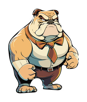 A cartoon image of a bulldog with a bow tie and a brown bow tie