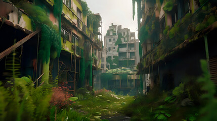 Fototapeta na wymiar Abandoned Armaggedon, post-apocalyptic city. Owergrown vegetation