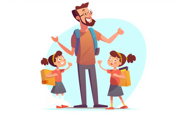 happy father with 2 children wearing backpacks preparing to school. Father's day. generative ai.