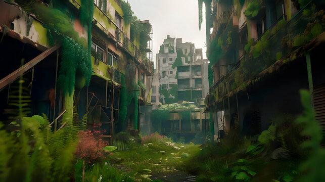 Abandoned Armaggedon, post-apocalyptic city. Owergrown vegetation