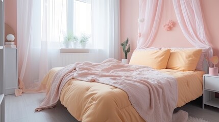 Beautiful pastel colored bedroom interior design, Pretty bed and beddings in a colorful room, Created with generative AI tools