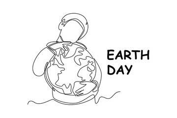 Single one-line drawing boy hugs the earth. Earth day concept. continuous line draw design graphic vector illustration