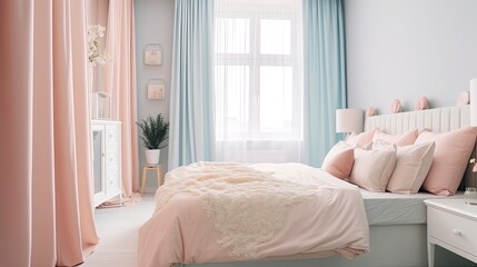Fototapeta na wymiar Beautiful pastel colored bedroom interior design, Pretty bed and beddings in a colorful room, Created with generative AI tools