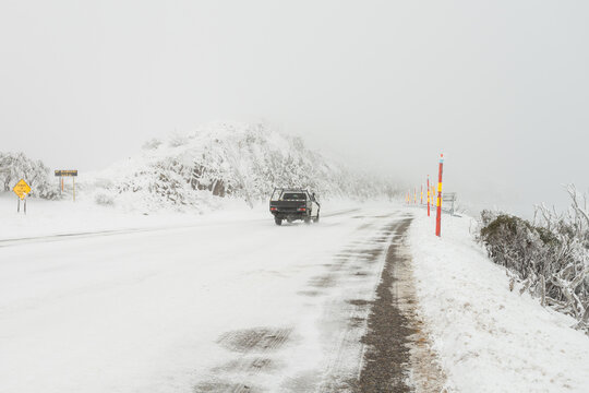 snow and ice on roads at top of Mt Hotham