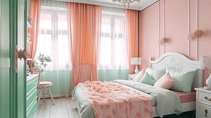 Beautiful pastel colored bedroom interior design, Pretty bed and beddings in a colorful room, Created with generative AI tools