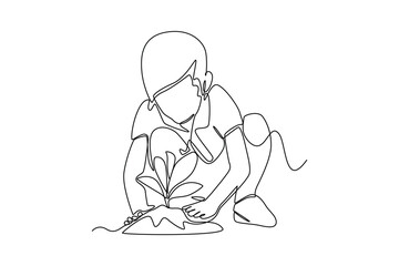 Single one-line drawing boy planting a tree on earth day. Earth day concept. continuous line draw design graphic vector illustration